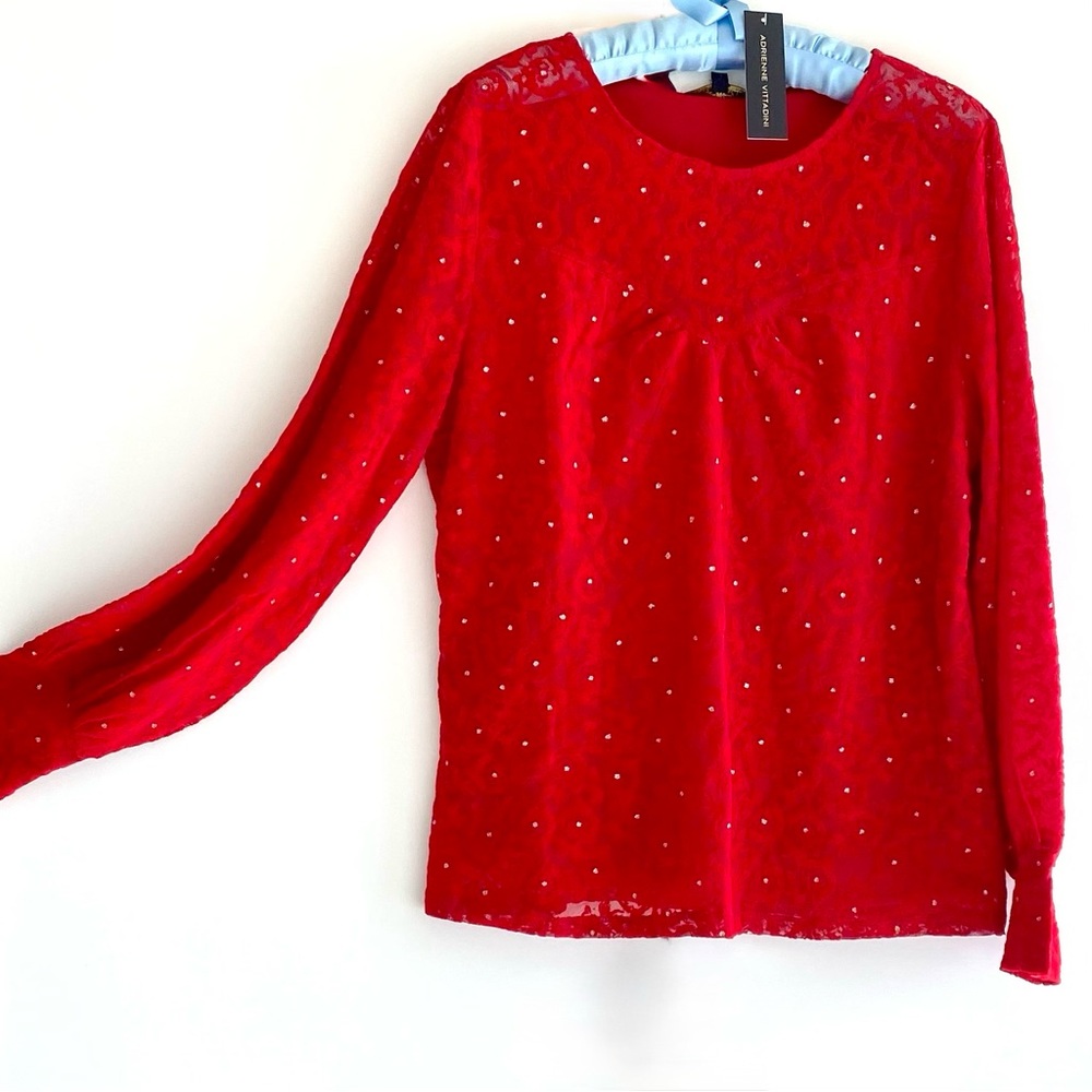 NWT Adrienne Vittadini Red Lace Top size M Silver Dots All Over Very Feminine